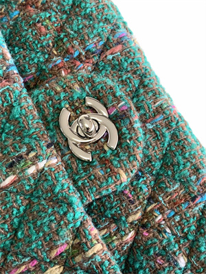 Cha.nel Medium Classic Flap Bag Tweed Gold Tone Metal Green