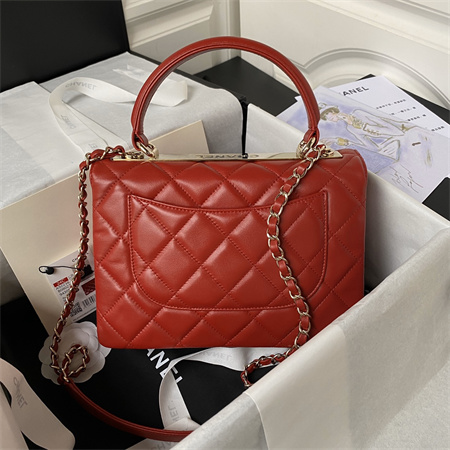 Cha.nel Trendy CC Flap Bag With Top Handle Lambskin Gold Tone Metal Red A92236