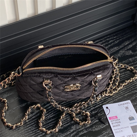 Ch*el clutch with chain woolen fabric gold tone metal black ap3354