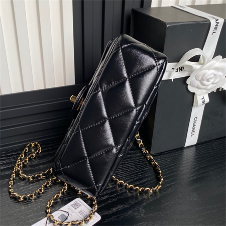 Ch*el mini flap bag with top handle shiny lambskin & gold-tone metal black as5032