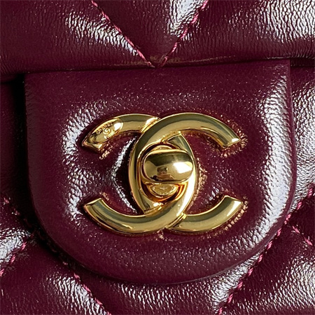 Ch*el mini flap bag with top handle shiny lambskin & gold-tone metal burgundy as5032