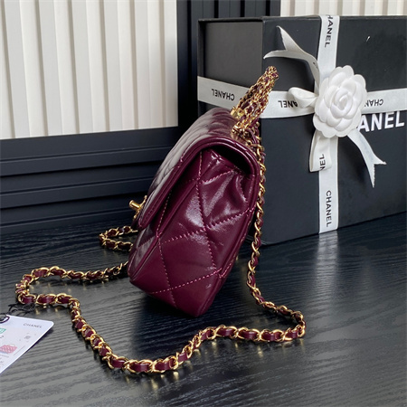 Ch*el mini flap bag with top handle shiny lambskin & gold-tone metal burgundy as5032