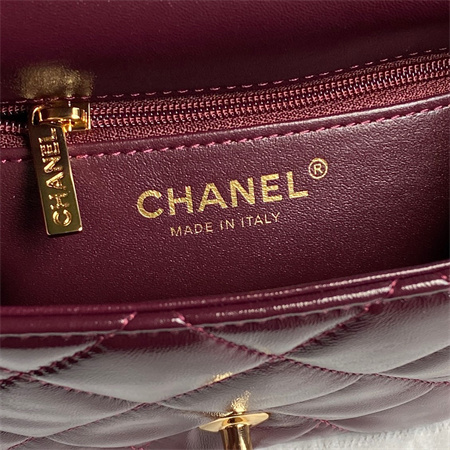 Ch*el mini flap bag with top handle shiny lambskin & gold-tone metal burgundy as5032