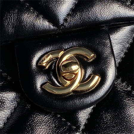 Ch*el mini flap bag with top handle shiny lambskin & gold-tone metal black as5043