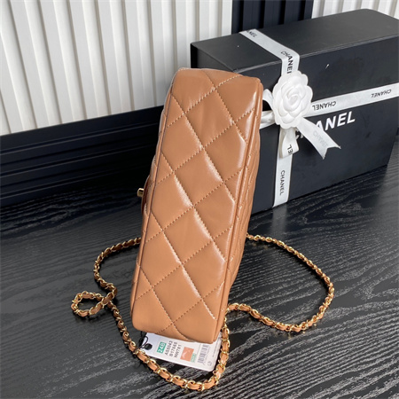 Ch*el mini flap bag with top handle shiny lambskin & gold-tone metal brown as5043