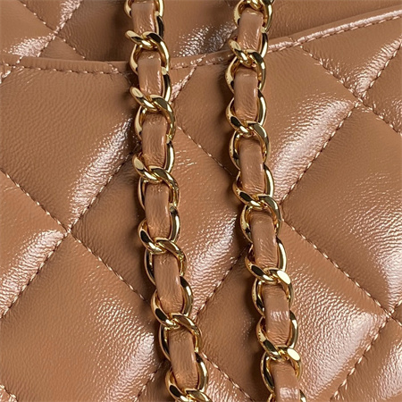 Ch*el mini flap bag with top handle shiny lambskin & gold-tone metal brown as5043