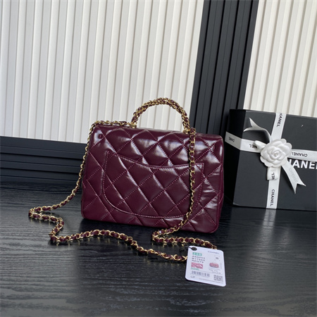 Ch*el mini flap bag with top handle shiny lambskin & gold-tone metal burgundy as5043