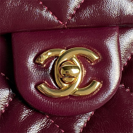 Ch*el mini flap bag with top handle shiny lambskin & gold-tone metal burgundy as5043