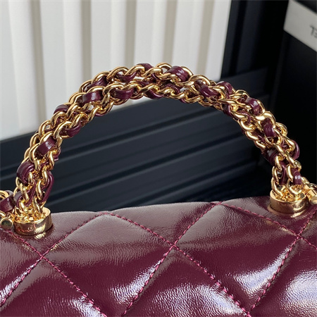 Ch*el mini flap bag with top handle shiny lambskin & gold-tone metal burgundy as5043