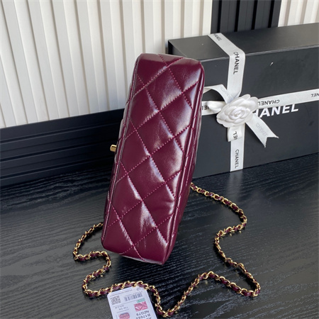 Ch*el mini flap bag with top handle shiny lambskin & gold-tone metal burgundy as5043
