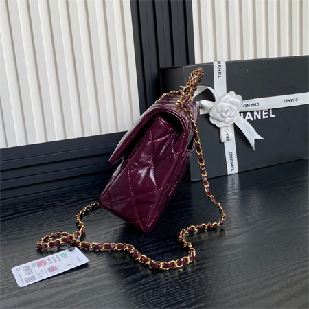 Ch*el mini flap bag with top handle shiny lambskin & gold-tone metal burgundy as5043