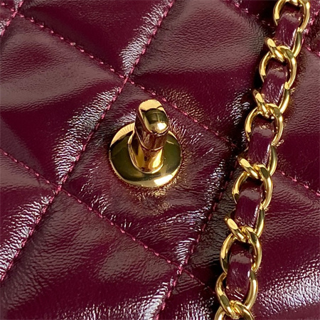 Ch*el mini flap bag with top handle shiny lambskin & gold-tone metal burgundy as5043