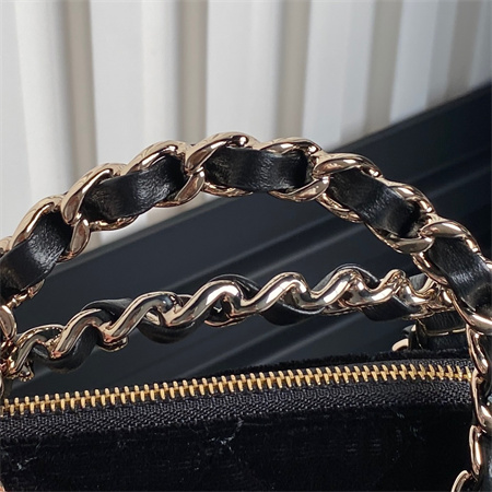 Ch*el small tote woolen fabric gold tone metal black as5130