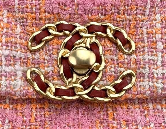 Ch*el 19 bag tweed gold tone pink as1160