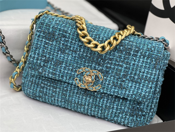 Ch*el 19 bag tweed gold tone blue as1160