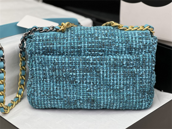 Ch*el 19 bag tweed gold tone blue as1160