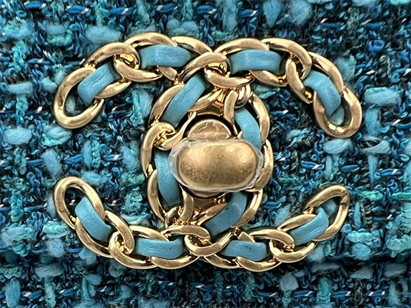 Ch*el 19 bag tweed gold tone blue as1160