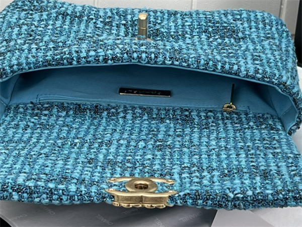 Ch*el 19 bag tweed gold tone blue as1160
