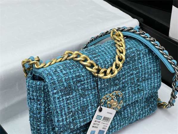 Ch*el 19 bag tweed gold tone blue as1160