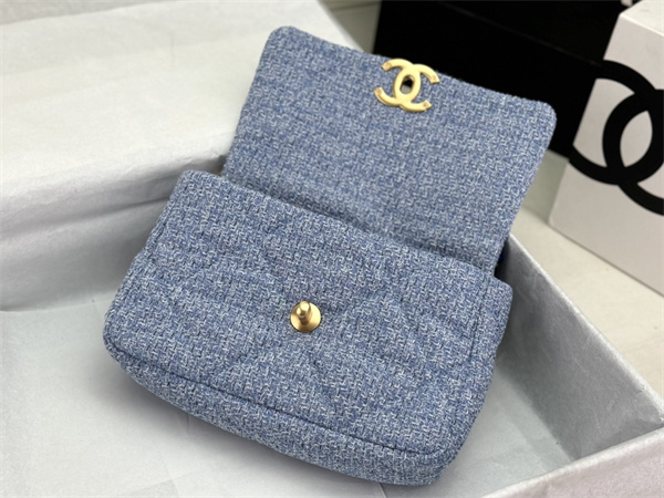 Ch*el 19 bag tweed gold tone blue as1160
