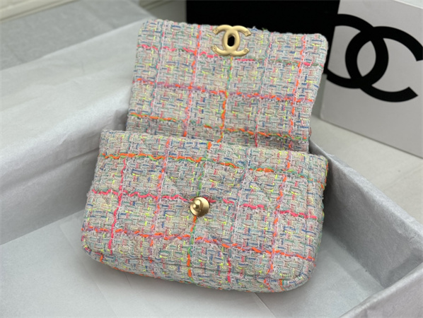 Ch*el 19 bag tweed gold tone multicolor as1160