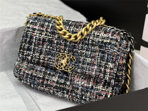 Ch*el 19 bag tweed gold tone multicolor as1160