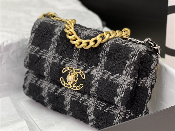 Ch*el 19 bag tweed gold tone black/grey as1160