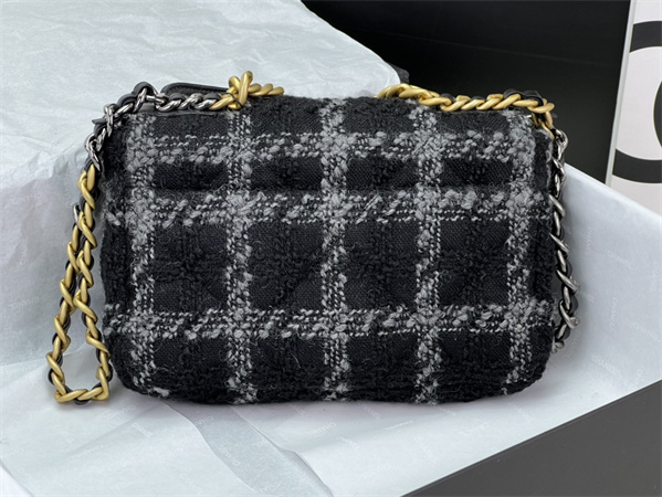 Ch*el 19 bag tweed gold tone black/grey as1160