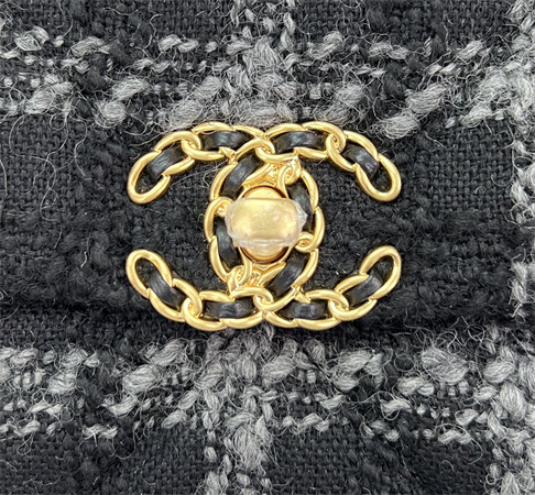 Ch*el 19 bag tweed gold tone black/grey as1160