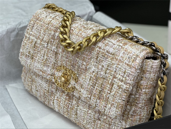 Ch*el 19 bag tweed gold tone beige as1160