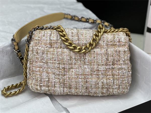 Ch*el 19 bag tweed gold tone beige as1160