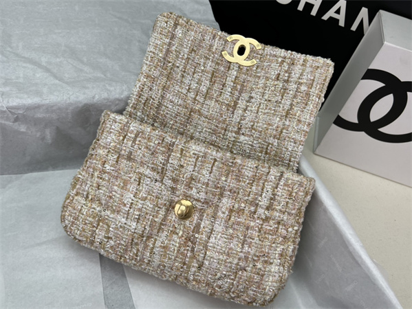 Ch*el 19 bag tweed gold tone beige as1160