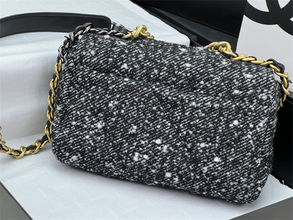 Ch*el 19 bag tweed gold tone black/white as1160