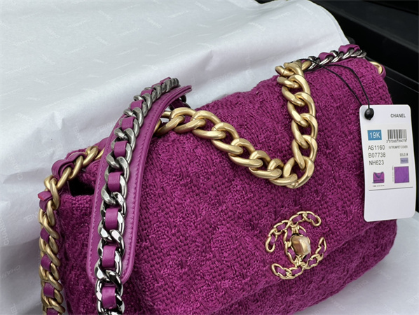 Ch*el 19 bag tweed gold tone fuchsia as1160