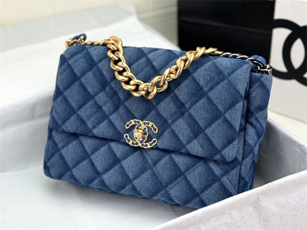large Ch*el 19 bag denim fabric gold tone as1161