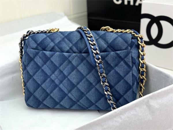 large Ch*el 19 bag denim fabric gold tone as1161