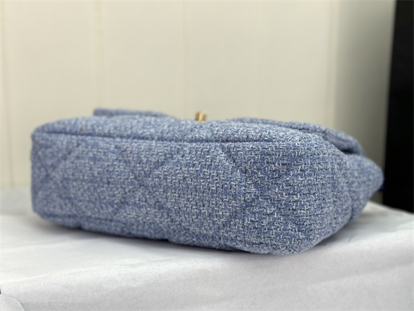 large Ch*el 19 bag tweed gold tone blue as1161