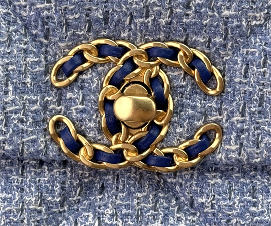 large Ch*el 19 bag tweed gold tone blue as1161