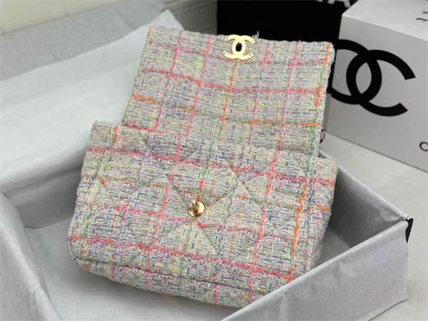 large Ch*el 19 bag tweed gold tone multicolor as1161