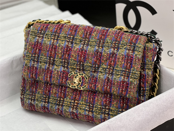 large Ch*el 19 bag tweed gold tone multicolor as1161