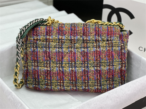 large Ch*el 19 bag tweed gold tone multicolor as1161