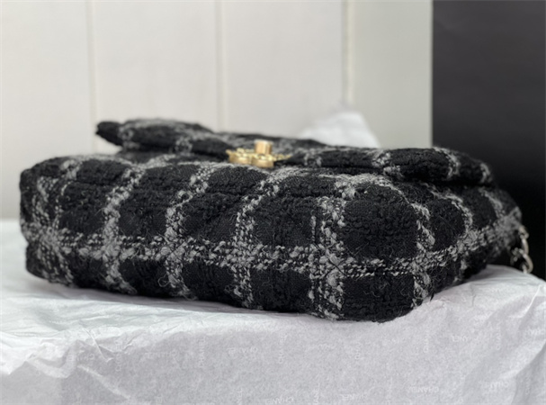 large Ch*el 19 bag tweed gold tone black/grey as1161