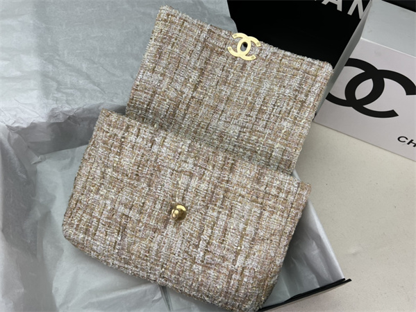 large Ch*el 19 bag tweed gold tone beige as1161