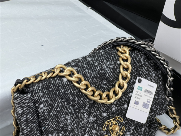 large Ch*el 19 bag tweed gold tone black/white as1161