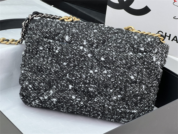 large Ch*el 19 bag tweed gold tone black/white as1161