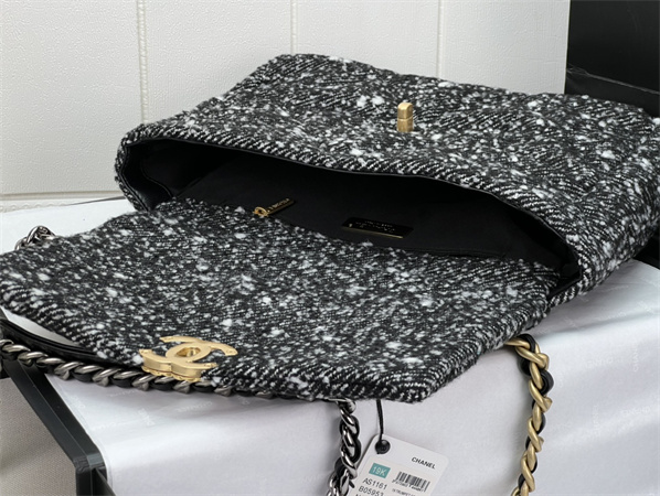 large Ch*el 19 bag tweed gold tone black/white as1161