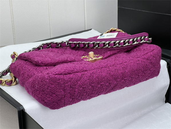 large Ch*el 19 bag tweed gold tone fuchsia as1161
