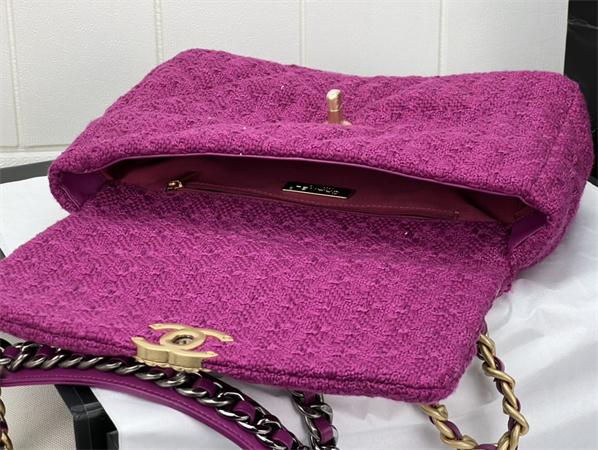 large Ch*el 19 bag tweed gold tone fuchsia as1161