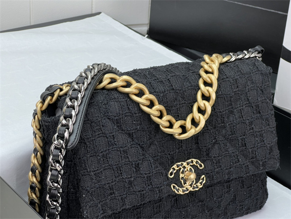 large Ch*el 19 bag tweed gold tone black as1161