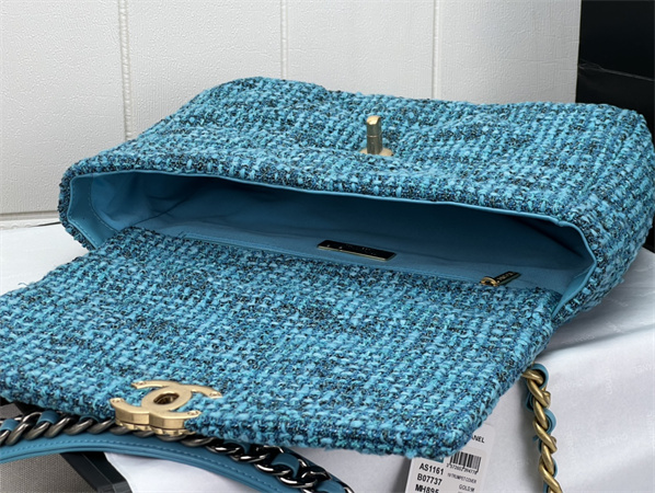 large Ch*el 19 bag tweed gold tone blue as1161